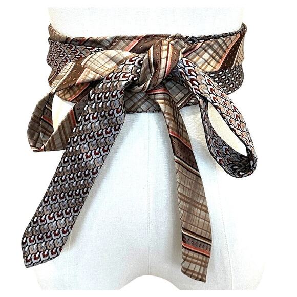 Unique Satin Obi Belt Wide One Size Wrap Brown Academia Upcycled Necktie Ties - Picture 1 of 5